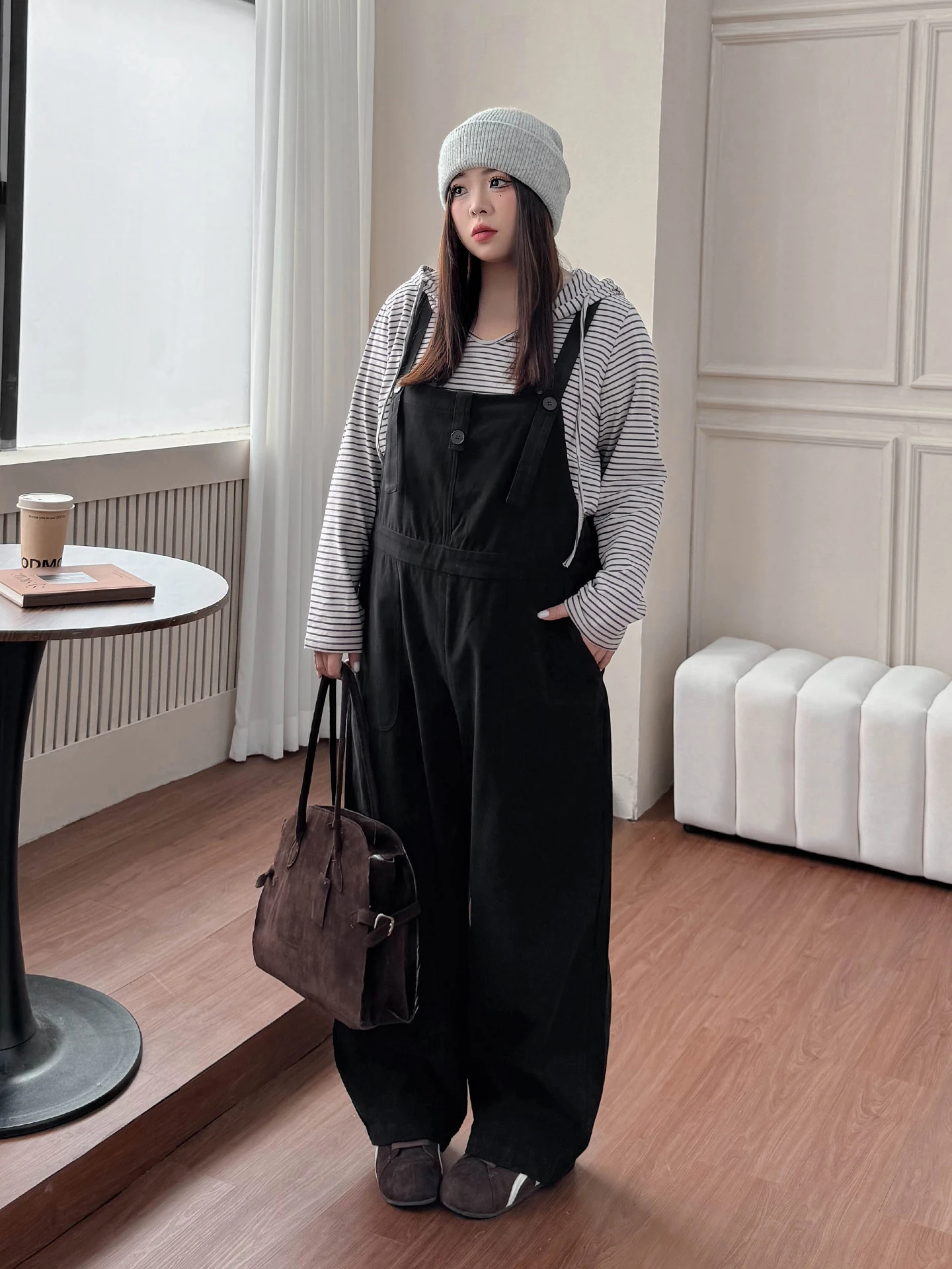 

plus Size Women's Faion Set Slimming Concealing Striped Long Sve T-irt with Overalls Autumn Winter High Waist Long Pants