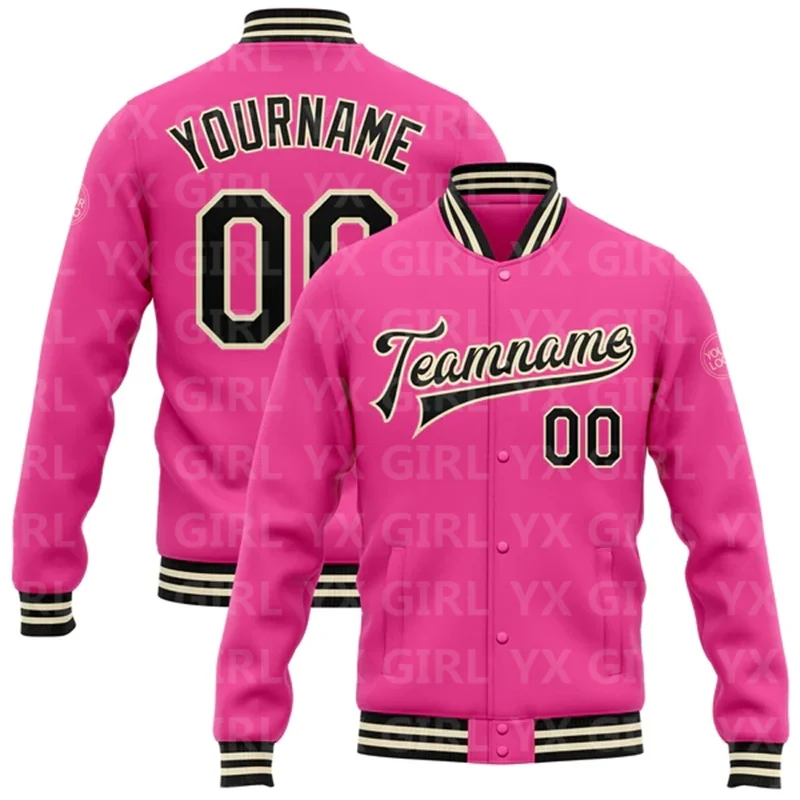 Custom Pink Black-White Bomber Full-Snap Varsity Letterman Two Tone Jacket 3D Printed Baseball Button Jacket