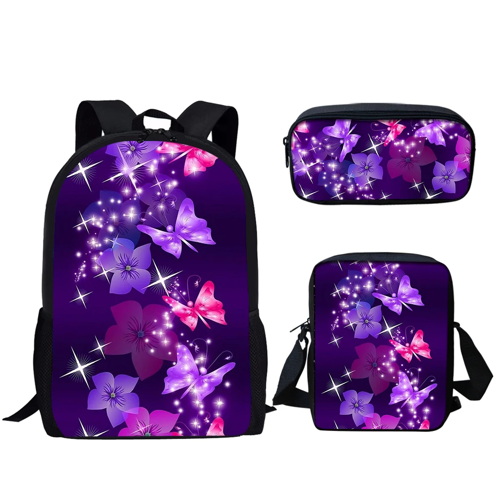 Belidome impressão 3 conjunto saco de escola roxo borboleta bookbag para meninas adolescentes mochila leve ocasional para estudante primário