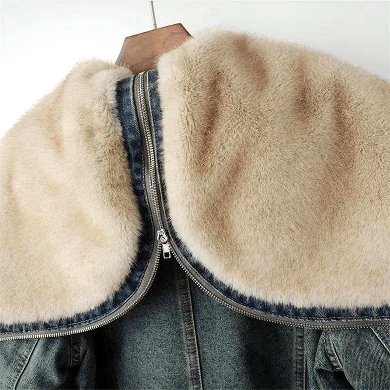 Faux Nerz Kaschmir Zipper Mit Kapuze Denim Jacke Frauen Vintage Cowboy Oberbekleidung Winter Dicke Lose Kurze Jeans Jacke Mantel Weibliche