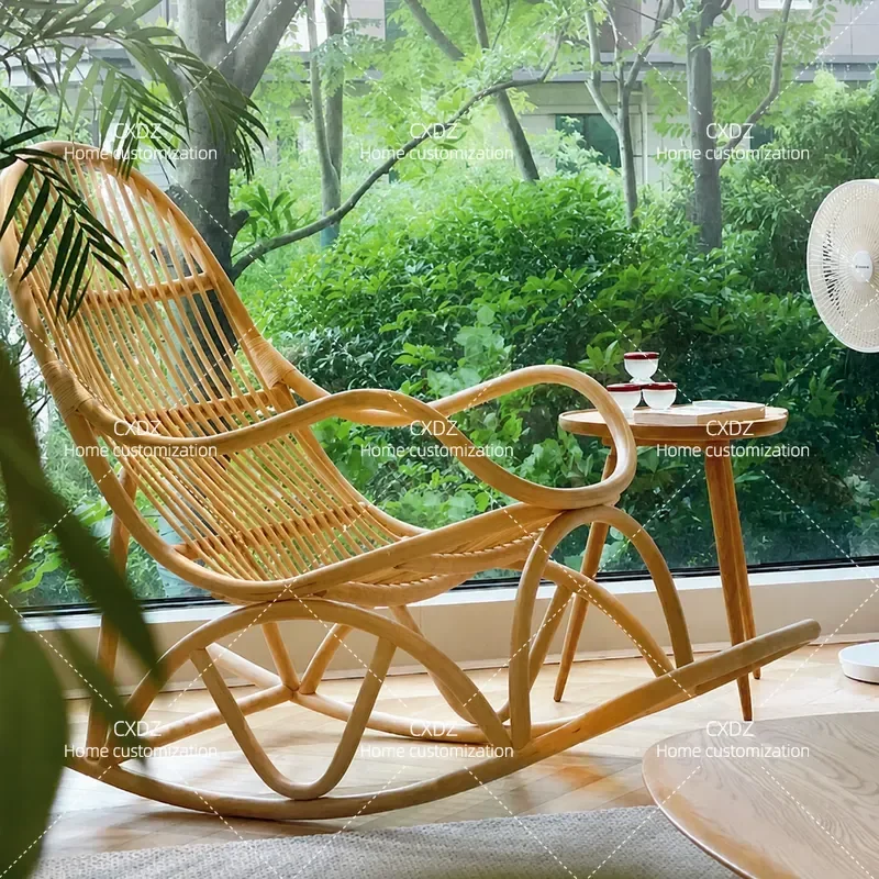 Customizable Rattan Rocking Chair for Home Balcony Leisure Adult Real Rattan Lazy Lounger