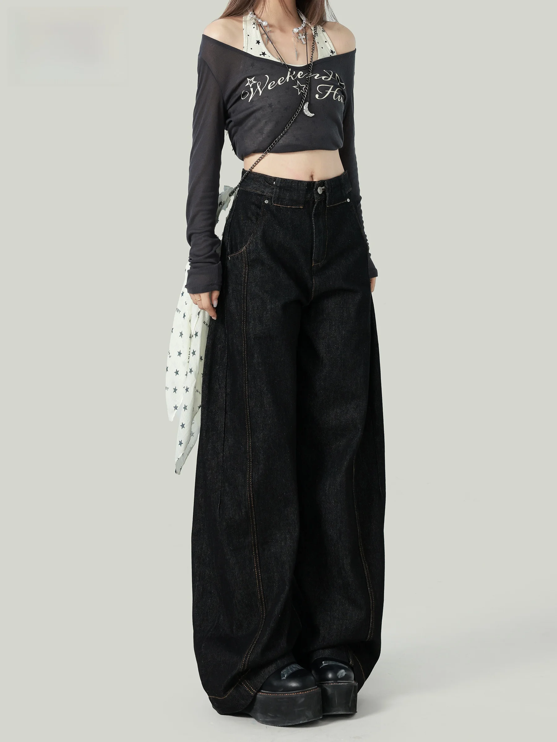 

Джинсы женские с высокой талией, широкие, с эффектом драпировки, винтажные, оригинальные синие, свободные, стройнящие, в пол, повседневный стиль