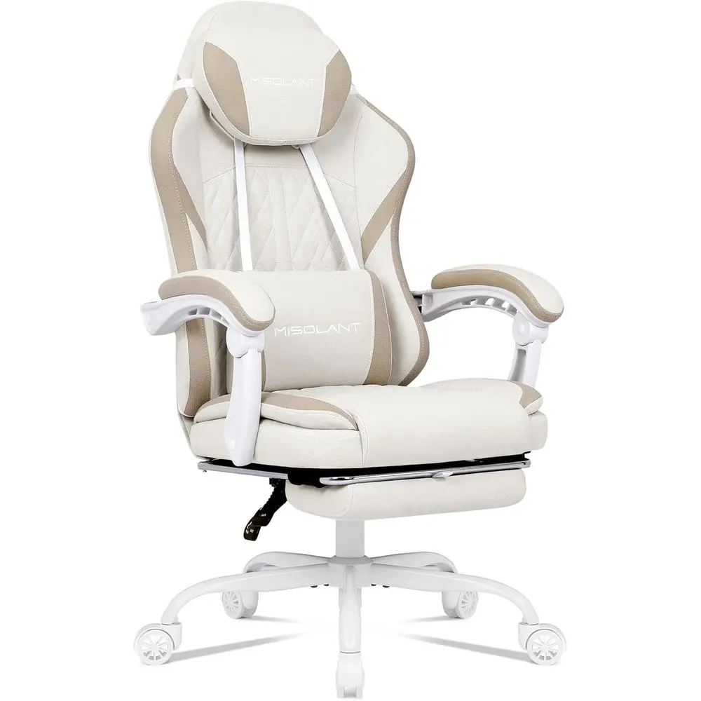 Ergonomic High Back Gaming Chair with Adjustable Footrest and Massage Lumbar Support, 90-155° Recline, Beige