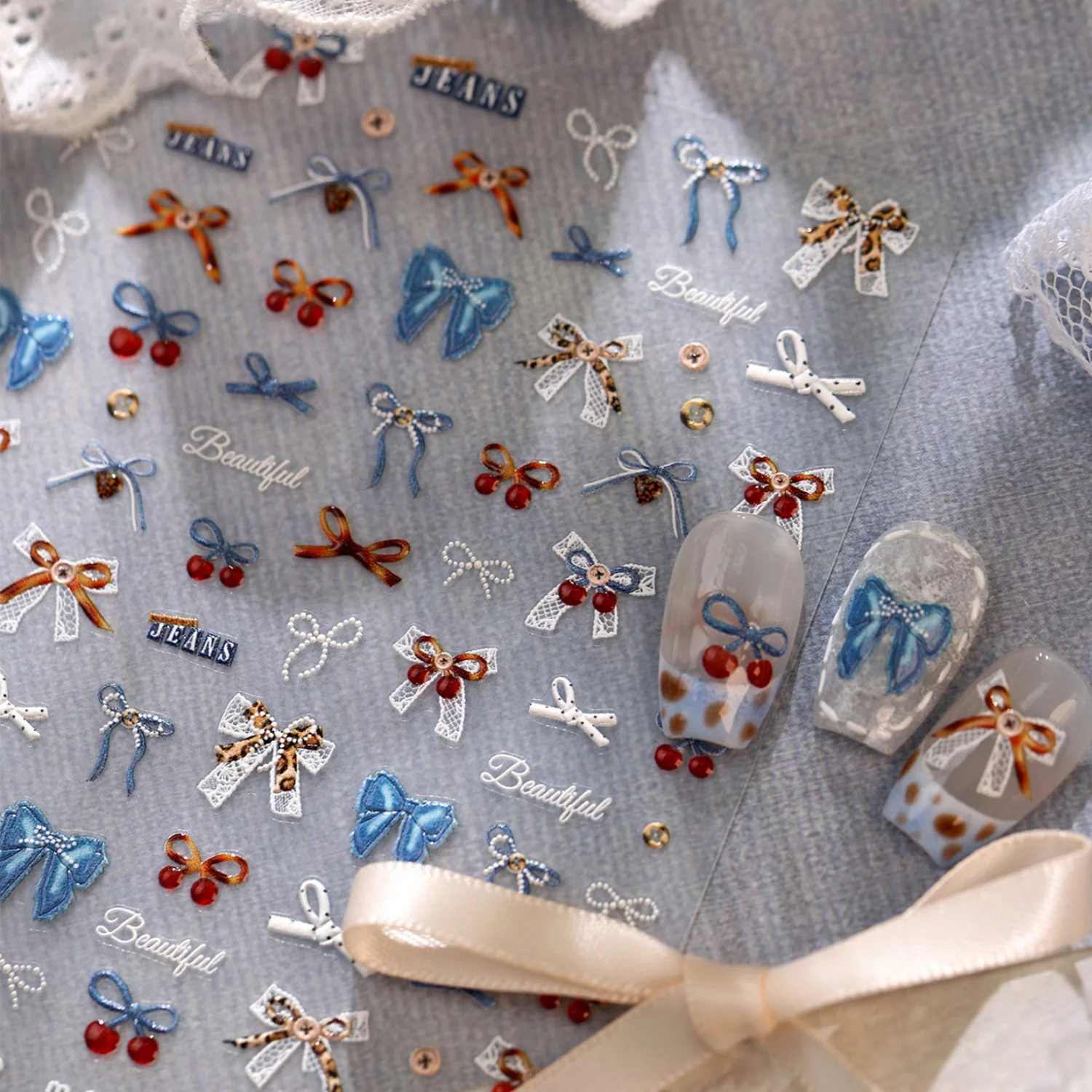 Nail Art Denim - Autocollants pour ongles en dentelle bleu
