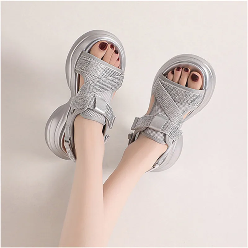 Luxury Rhinestone Design Platform Sandals Women 2024 Summer Thick Bottom Heightening Light Comfort Sports Flat Sandals for Women