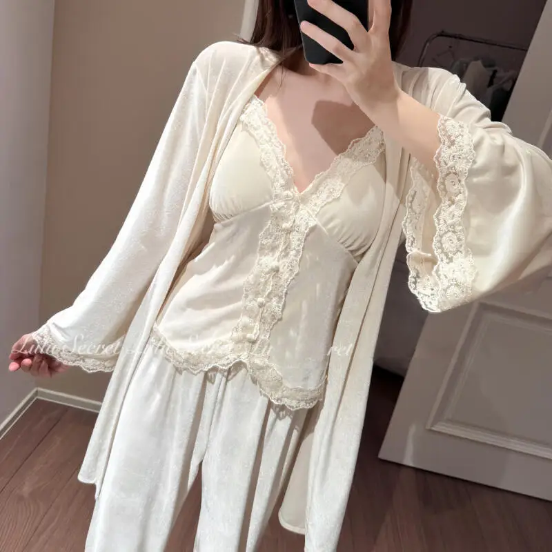 

Women's Clothing Autumn and Winter Korean Version with Padded Cups Lace Trim Straps Tops Pants Robe Three-Piece Set Homewear