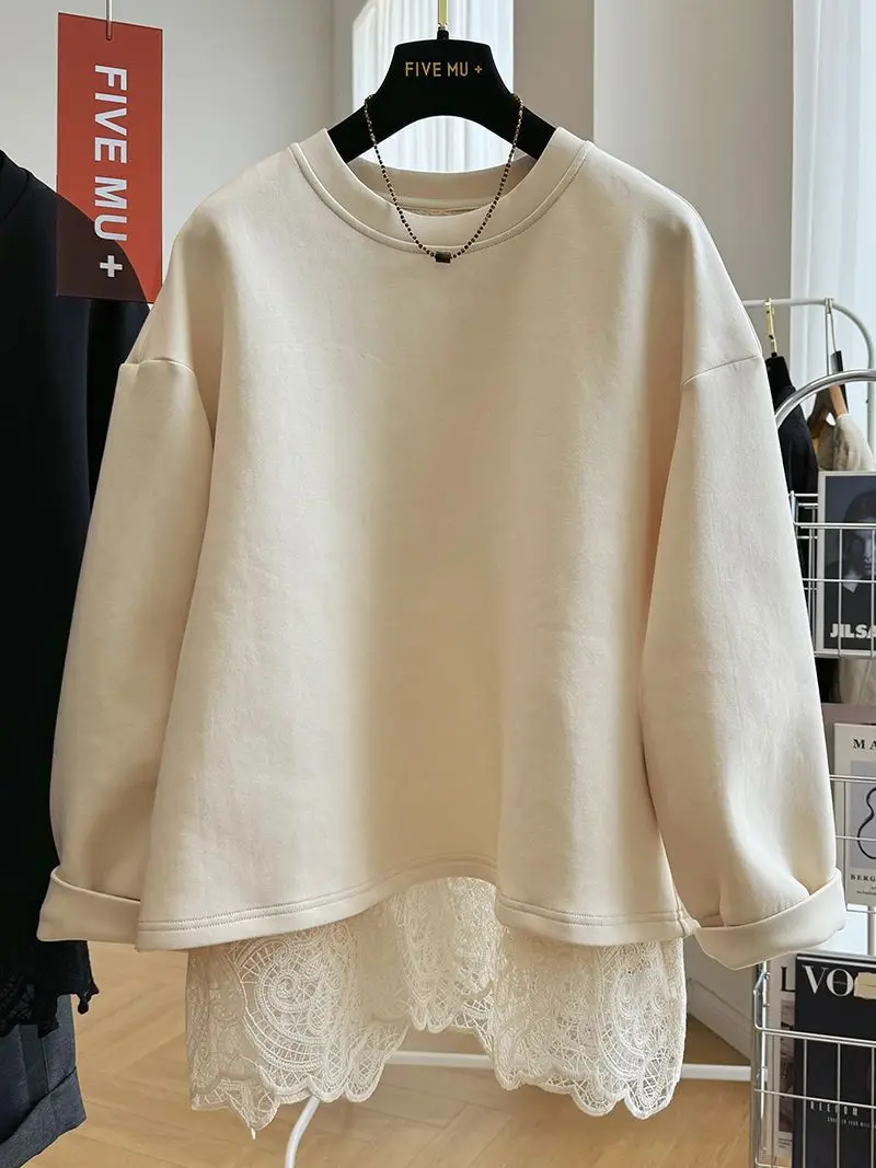New Style Lace Splicing Fake Two-piece Pullover O Neck Sweatshirt For Women Spring Autumn Loose Top Fashion Casual Solid Hoodie