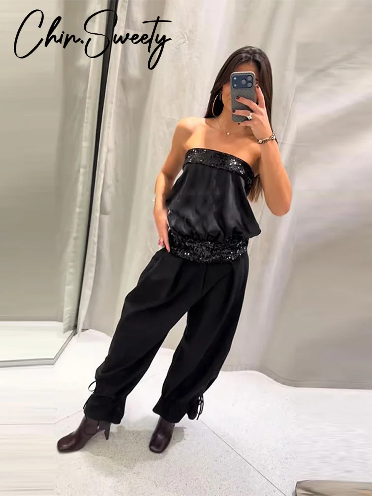 

Sexy Sequin Patchwork Crop Top Women Off the Shoulder Pleated Solid Vest Elegant 2026 Chic Spring Summer Lady Top New