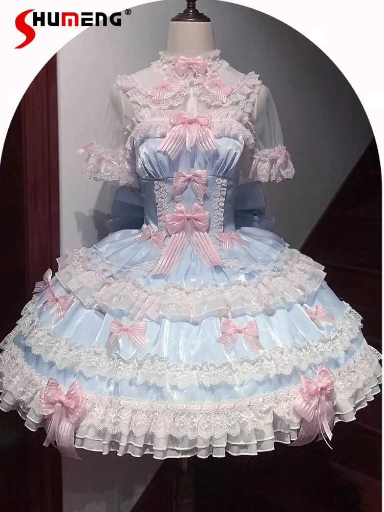 التصميم الأصلي أنيقة الحلو الأميرة الفتاة JSK فستان بكتافة مقوس دانتيل سليم عالية الخصر القوس زائدة Jsk فساتين قصيرة للنساء