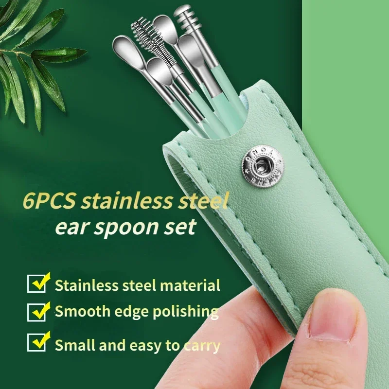 보청기Stainless Steel Earpick Ear Cleaner Spoon Ear pick Ear Wax Removal Tool Kit  Spoon Care for Baby Adults 6PCS Set