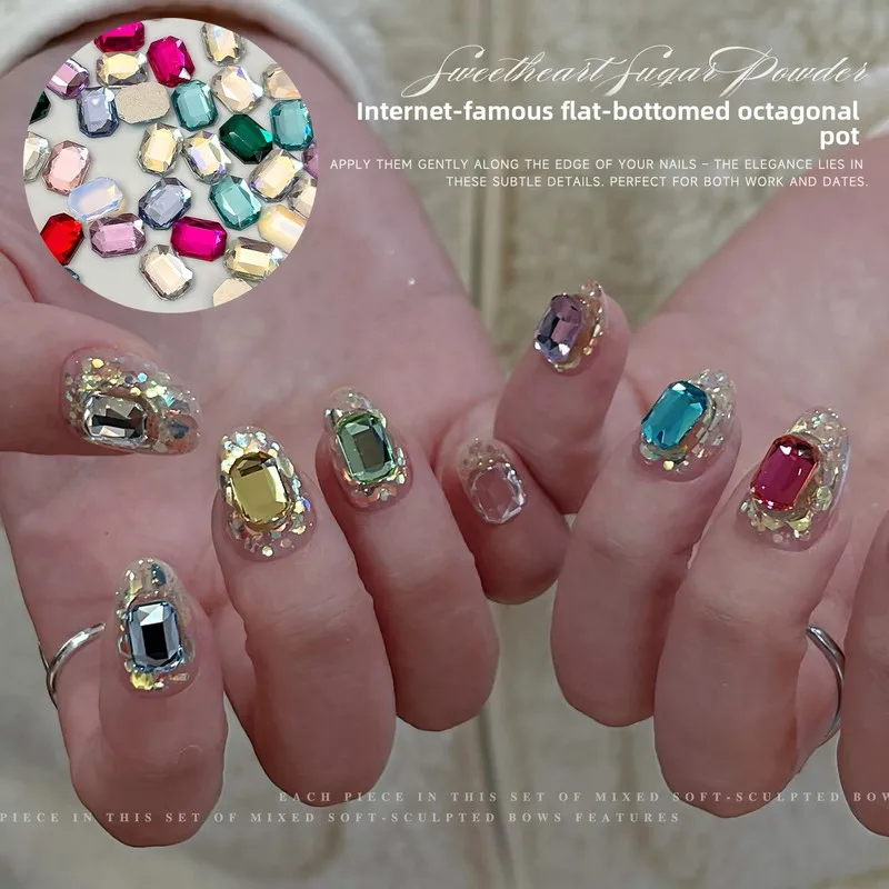 LYLE 50Pcs Long Octagon Flat Back Nail Rhinestones Premium INS Style New Year Fortune Mahjong Press On Nail Decorations