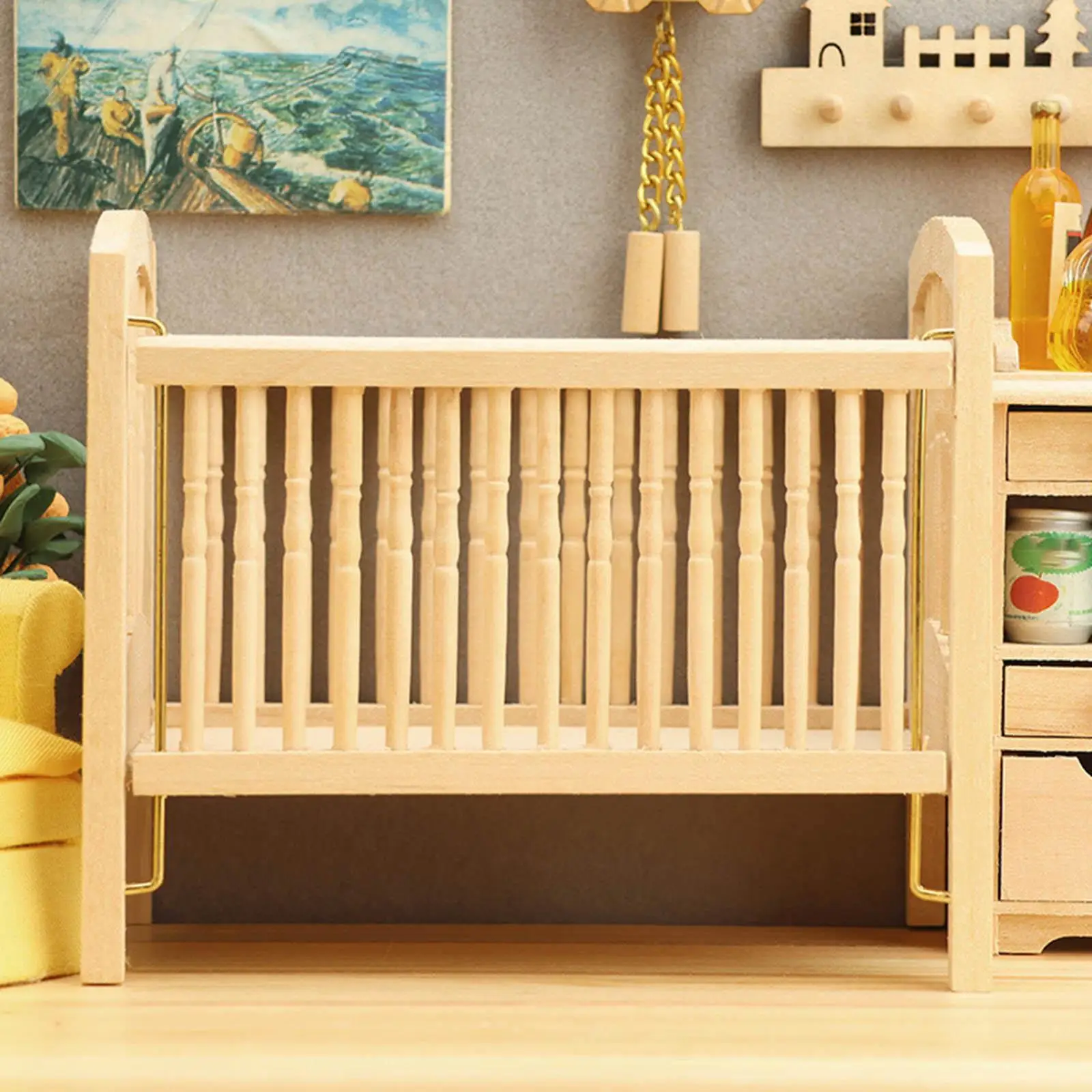 Mini cama de bebé a escala 1:12, cuna para muñeca, casa de muñecas, cuna de madera para muñecas, muebles para casa de muñecas, accesorios de decoración para niñas