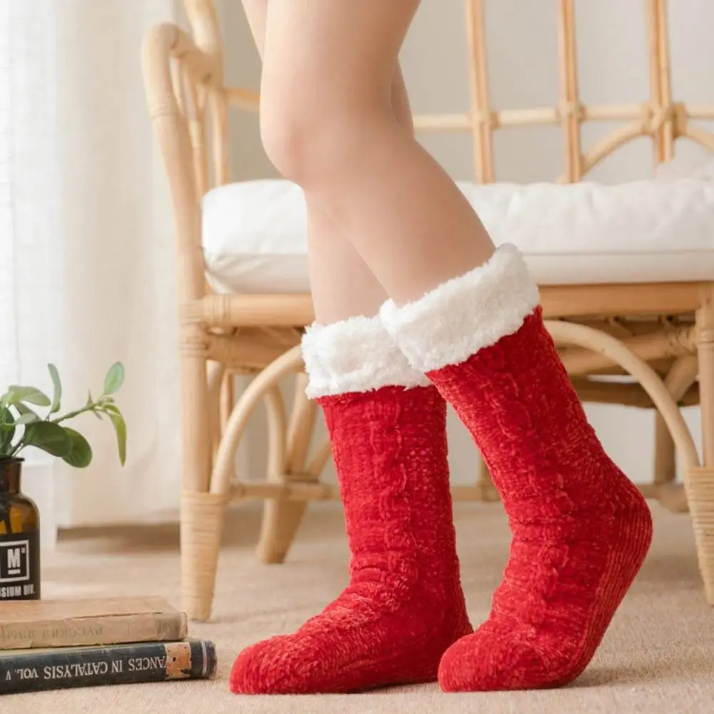 Home Slippers Thickened Thermal Cashmere Socks Velvet Solid Color Sleep Socks Woven Warm Boots Socks Indoor Activities