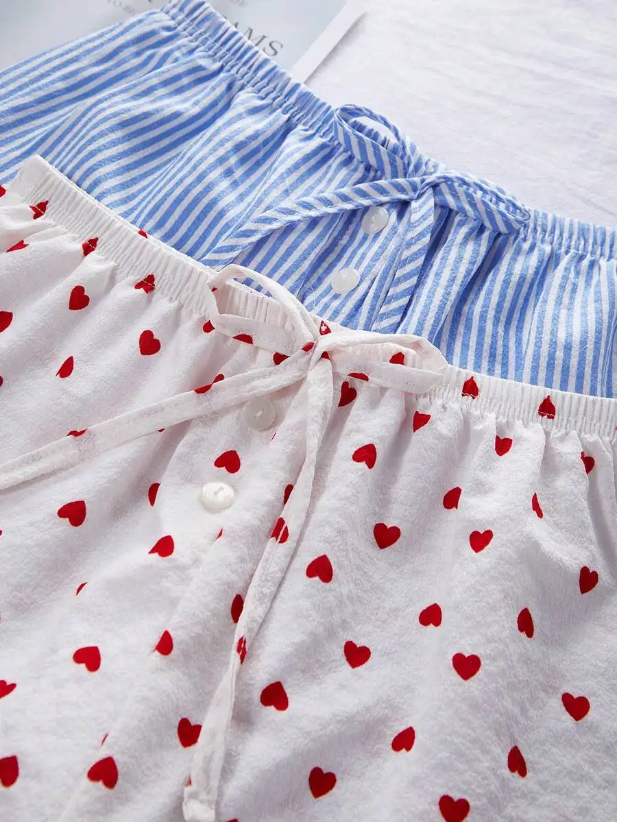 

2pcs Women Pajama Set Heart Print Striped Shorts With Faux Button Casual Sleepwear