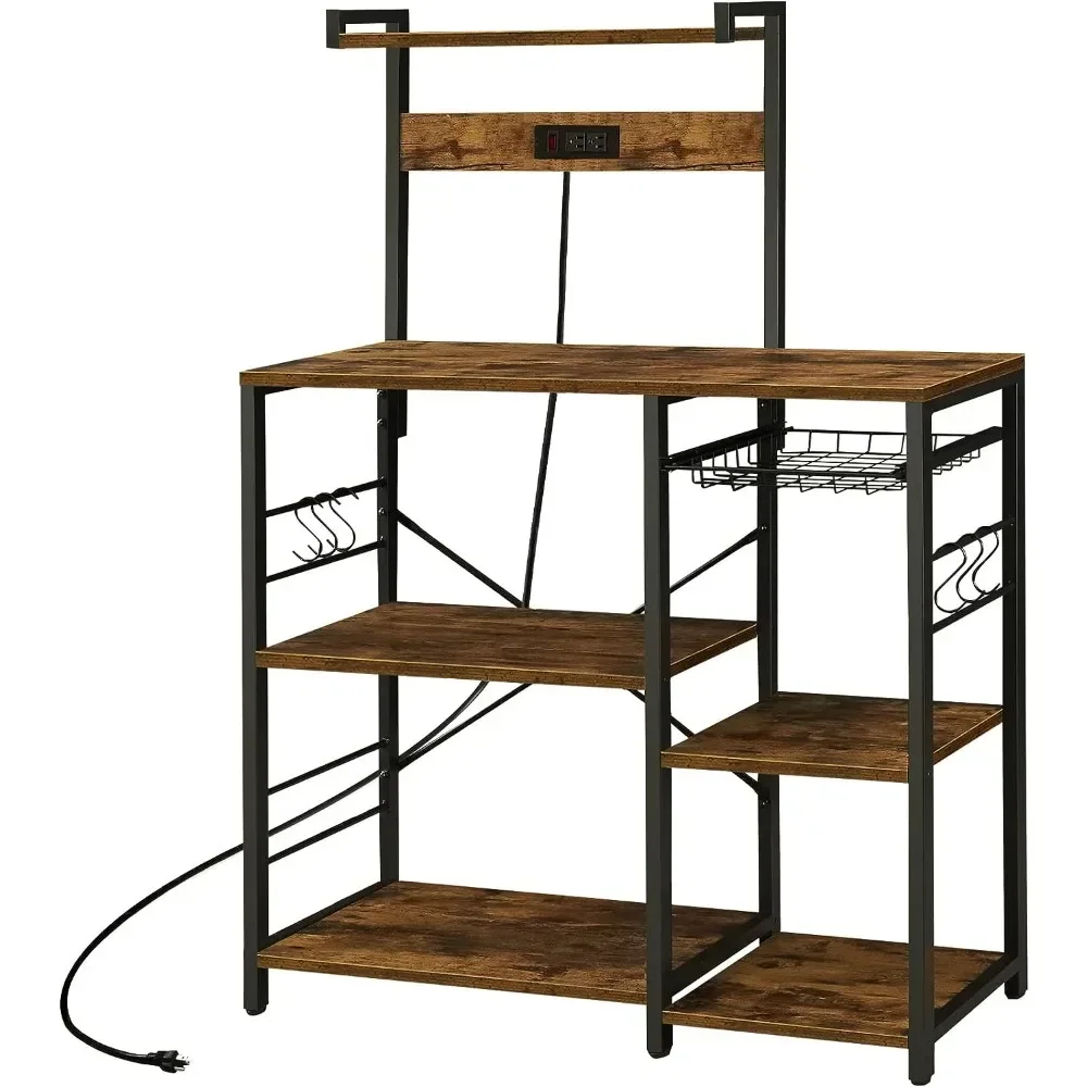 

SUPERJARE Bakers Rack with Power Outlet, Microwave Stand, Coffee Bar with Wire Basket, Kitchen Storage Rack -Vintage Brown