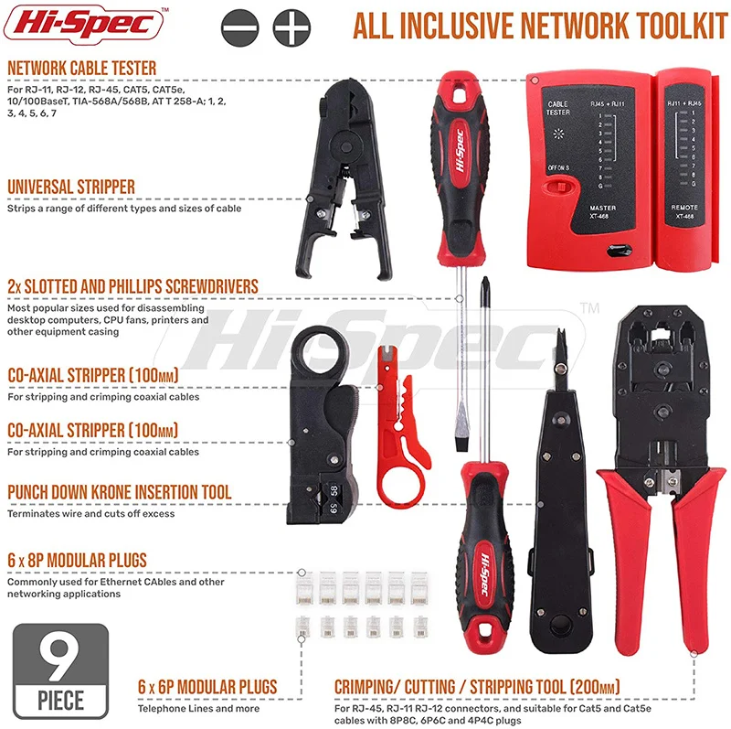 Hi-Spec Network Repair Tool Professional Network Cable Tester RJ45 LAN Cable Tester Crimper Crimping Stripper Cutter Kit