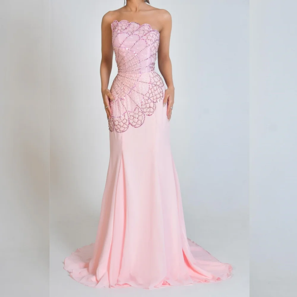 

Customized Chinese Style Jersey Pleat Sequined Pattern Trumpet Strapless Long Dresses Bespoke Occasion High Quality