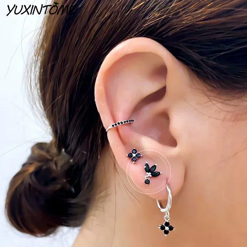 925 Sterling Silver Needle Punk Black Series Small Hoop Earrings for Women 24K Gold Earrings Trend Jewelry Ear Accessories