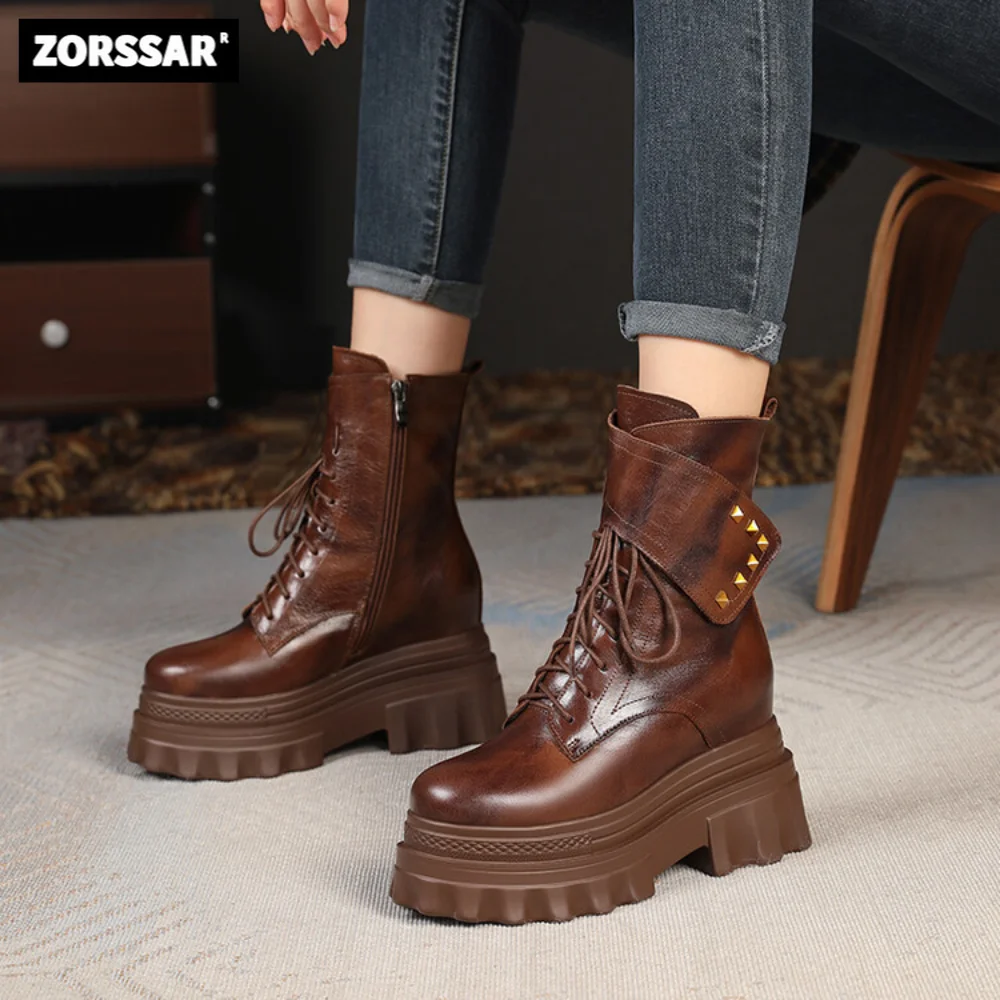 Koturny z prawdziwej skóry koturny damskie gruba podeszwa buty za kostkę krótkie kozaczki na platformie moda nowoczesne buty na wysokim obcasie buty