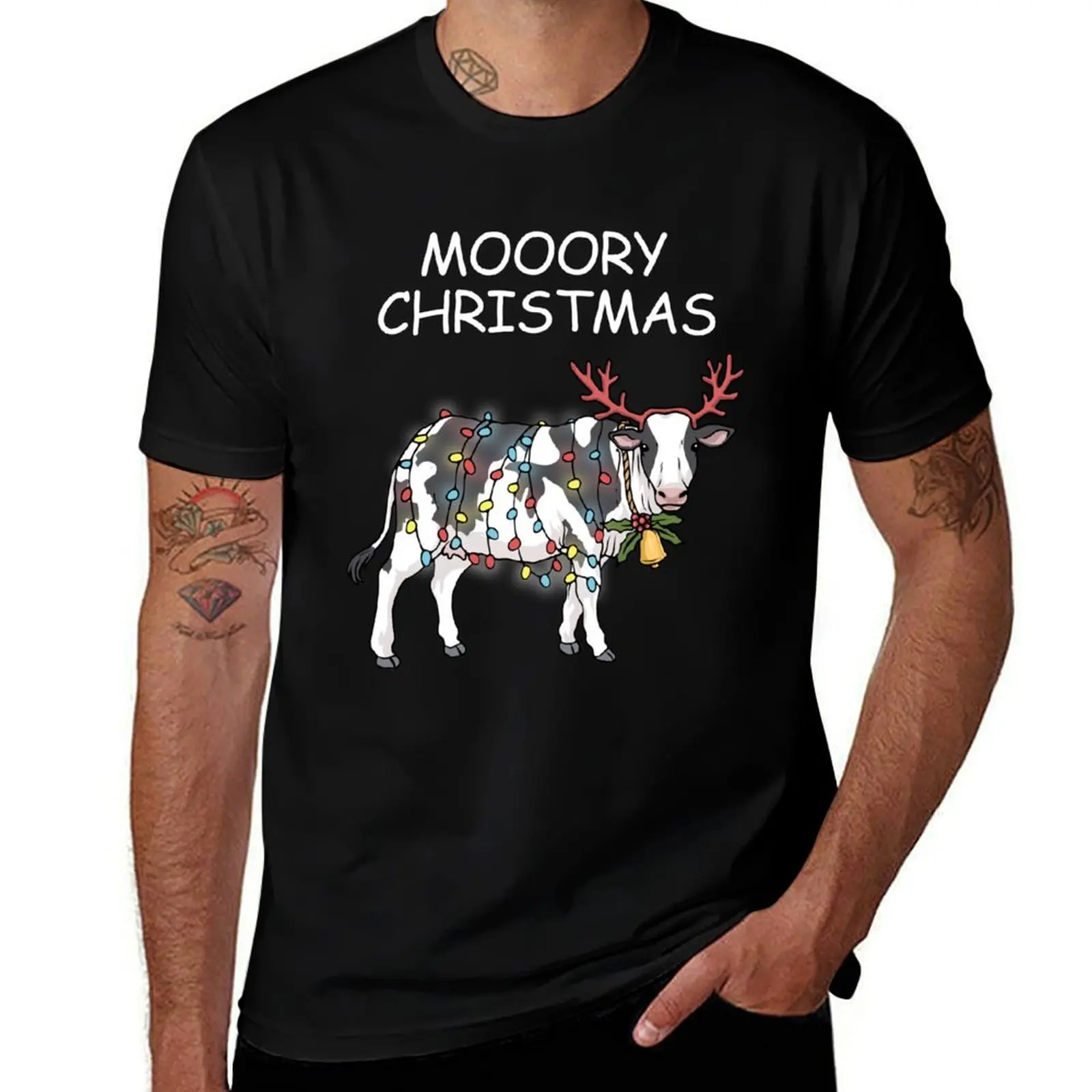 Merry Christmas Cow Moory Lights Reindeer Cow Moo T-Shirt fashion shirts luxury designer men clothing