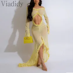 Women Sexy Solid Color See Through Sheer Mesh Flare Sleeve Deep V Neck Ruffles Trim Off Shoulder Maxi Dress