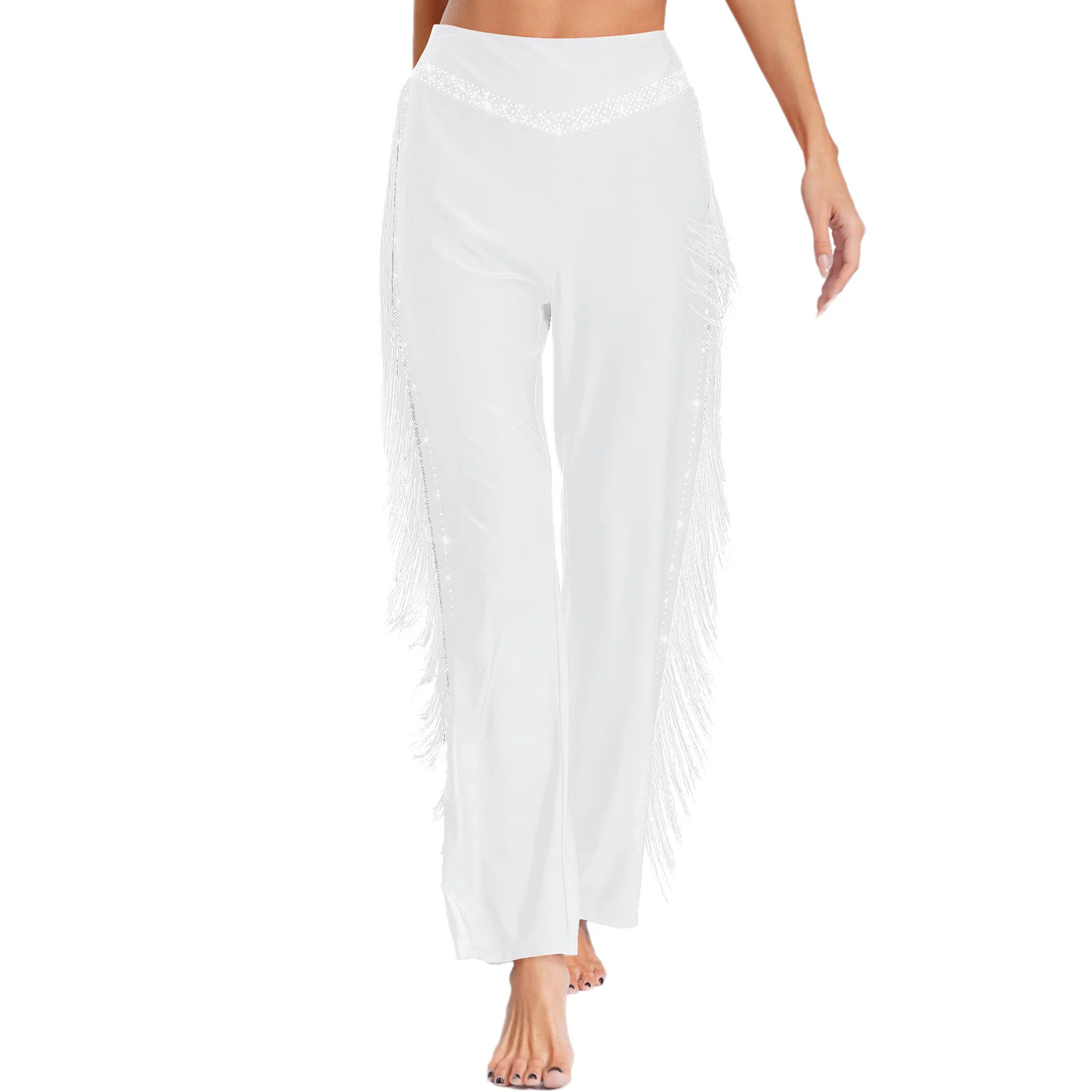 

Womens Jazz Dance Pants Latin Tango Cha-Cha Competition Performance Costume Elastic Waistband Tassels Rhinestones Pants