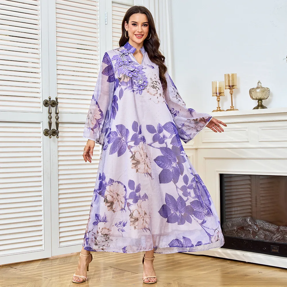 Oriente médio nova moda 2025 feminino roxo casual na moda solto diamante cravejado elegante decote em v manga longa tornozelo comprimento vestido