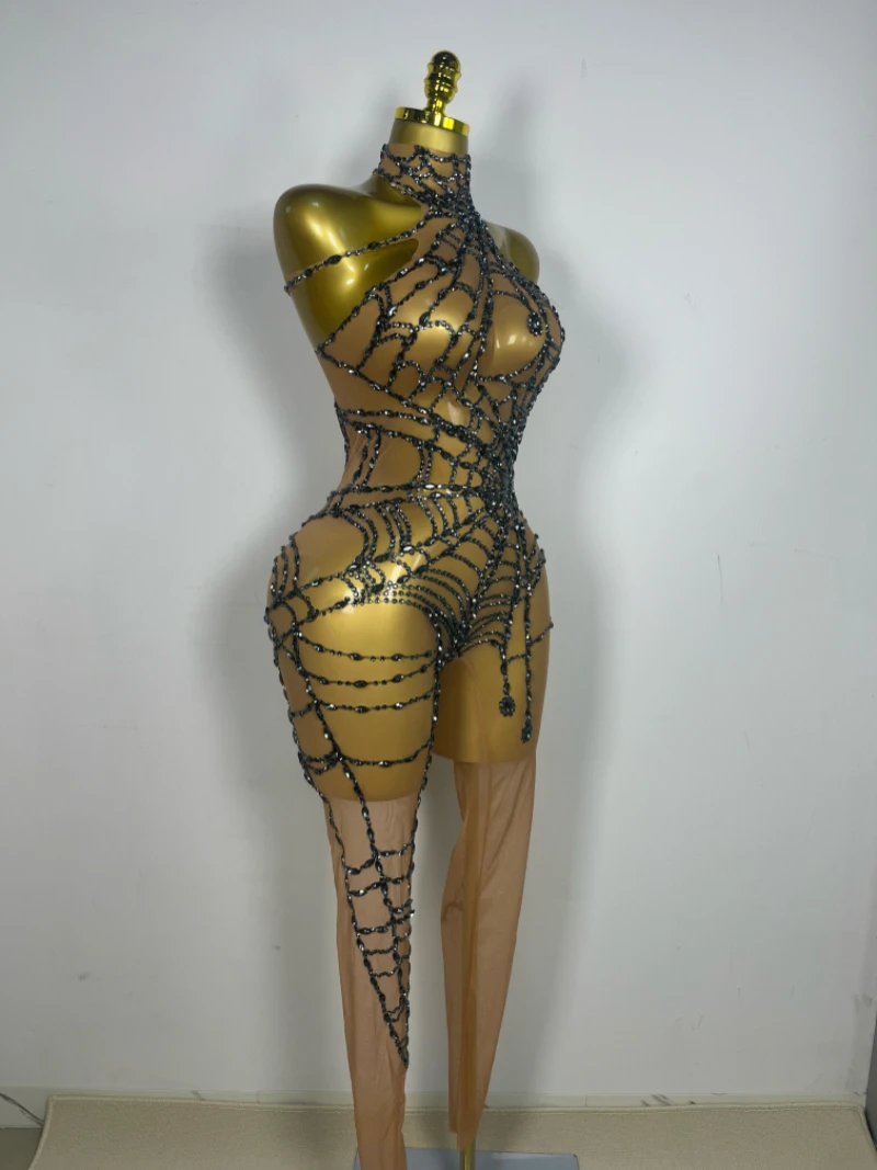 Frauen Führen Tanz Kostüm Ärmellose Strampler Party Geburtstag Nachtclub Bühne Outfit Sparkly Strass Stretch Mefh Overall