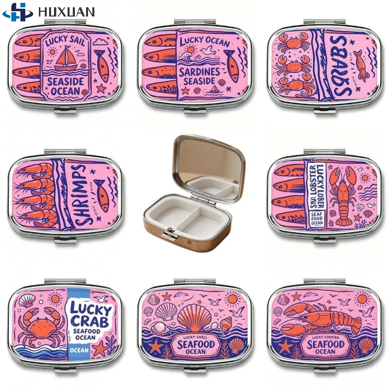 1Pcs 2-Compartment Retro Sardine Print Pill Box Metal Mini Organizer For Women Travel Jewelry Medicine Candy Storage
