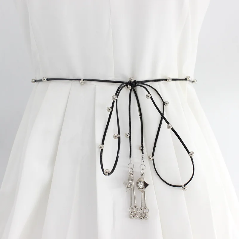 

Korean Version with Skirt PU Knot Waist Rope Ladies Hanging Beads Waist Chain Dress Decorative Hobbies Thin Belt One Piece Hair