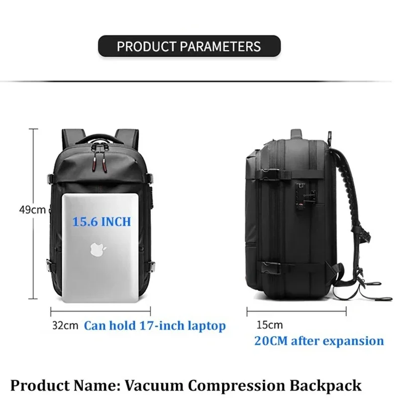 Men's 17.3 Inch Laptop Backpack 60L Travel backpack Business Multi-function Vacuum Compression Large Capacity Backpack Pumps Bag