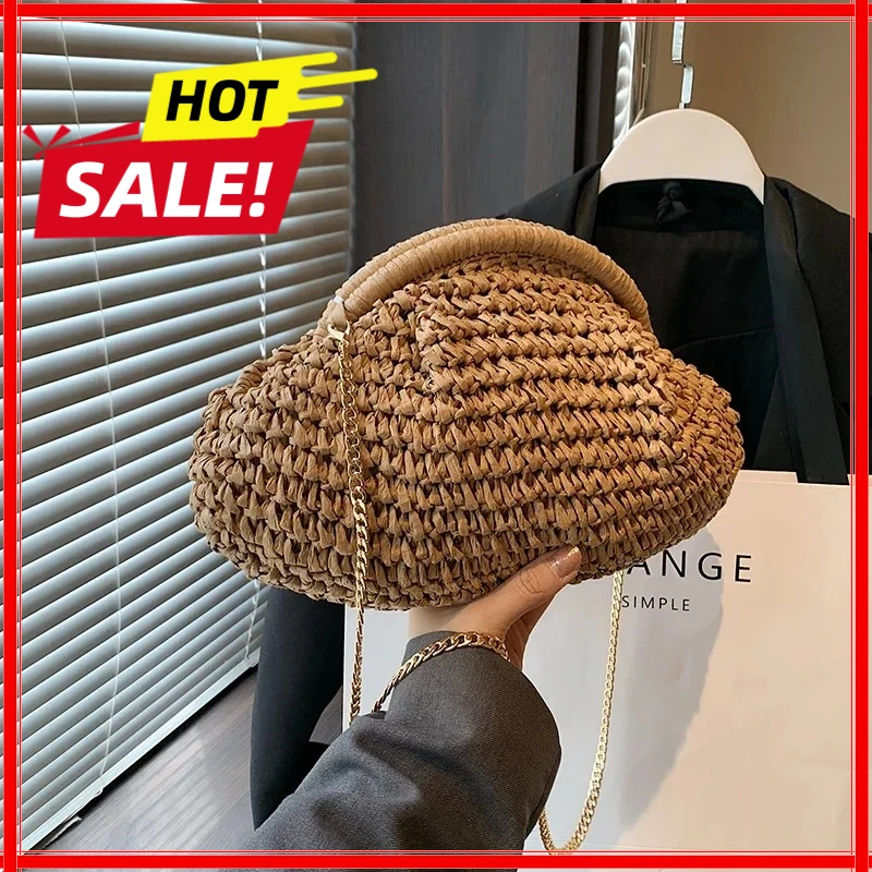 

Women Straw Woven Bag Chain Strap Straw Clutch Purse Large Capacity Stylish Crossbody Bag Solid Color for Summer Beach