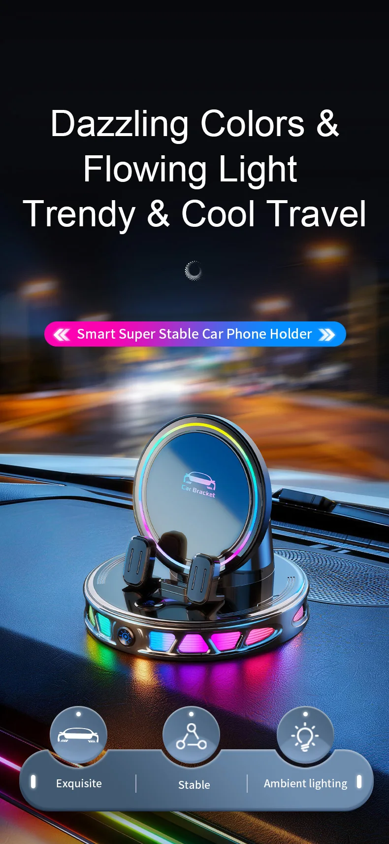 Auto Clamping Car Mobile Cell Phone Holder Support For Mobile Wireless Charger For Car Dashboard Mount With RGB Light