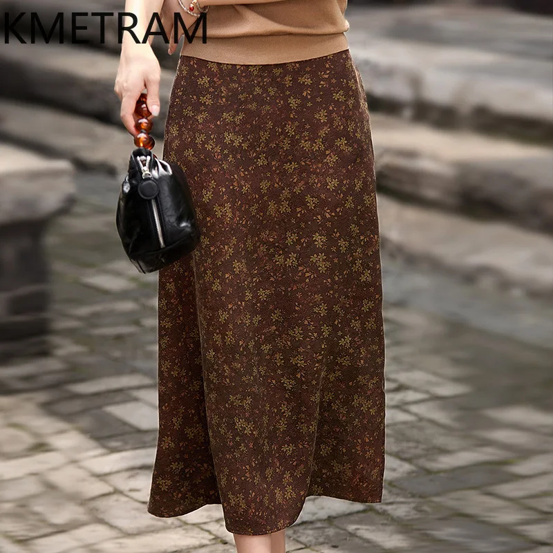 KMETRAM 23MM 91.8% Mulberry Silk Women's Skirts Xiangyun Sha Printed Long Skirt Summer Straight Skirt 2026 Woman Clothes faldas
