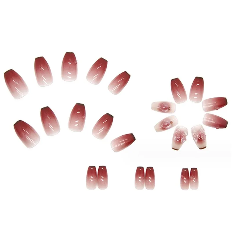 24Pcs Pink Butterfly  Cute Coffin Medium Fake Nails Tips Full Cover Gradient False Nails for Women and Girls