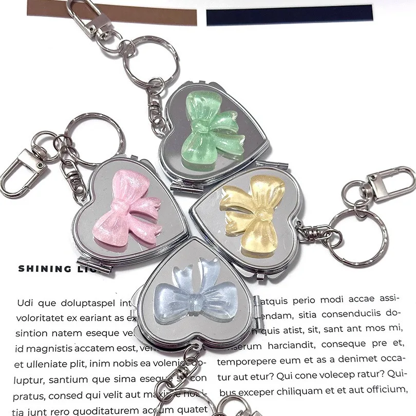 Multifunctional Keychain With Double-Sided Folding Cosmetic Mirror Cute Bow Decorative Bag Pendant Creative Design Keyring Gift