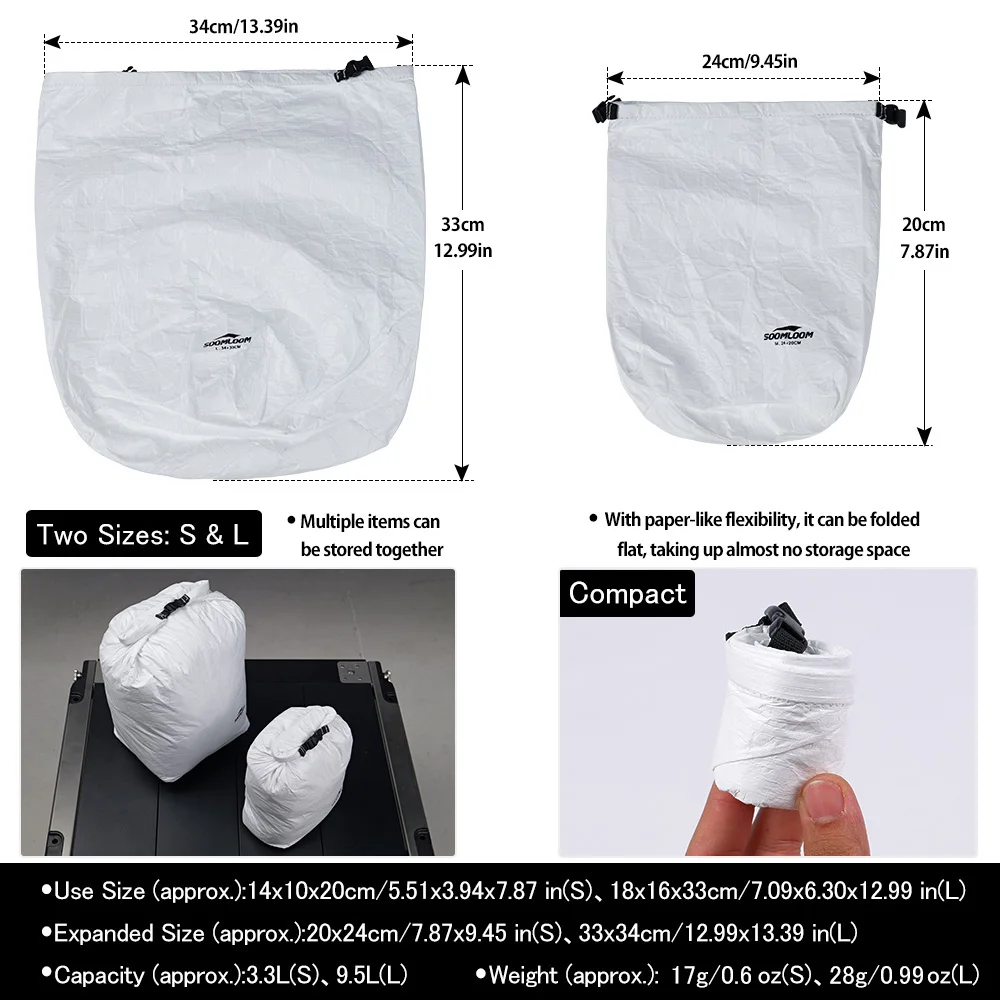 Soomloom Tyvek Storage Bag Set, Ultralight Tear-Resistant Organizer Bags for Hiking Camping Gear, Clothing Dust Sack 4