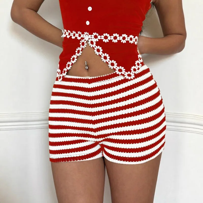 Y2k Shorts Women Fashion Striped Elastic Waist Crochet Knit Low Rise Micro Mini Shorts Summer Hot Pants Beach Wear