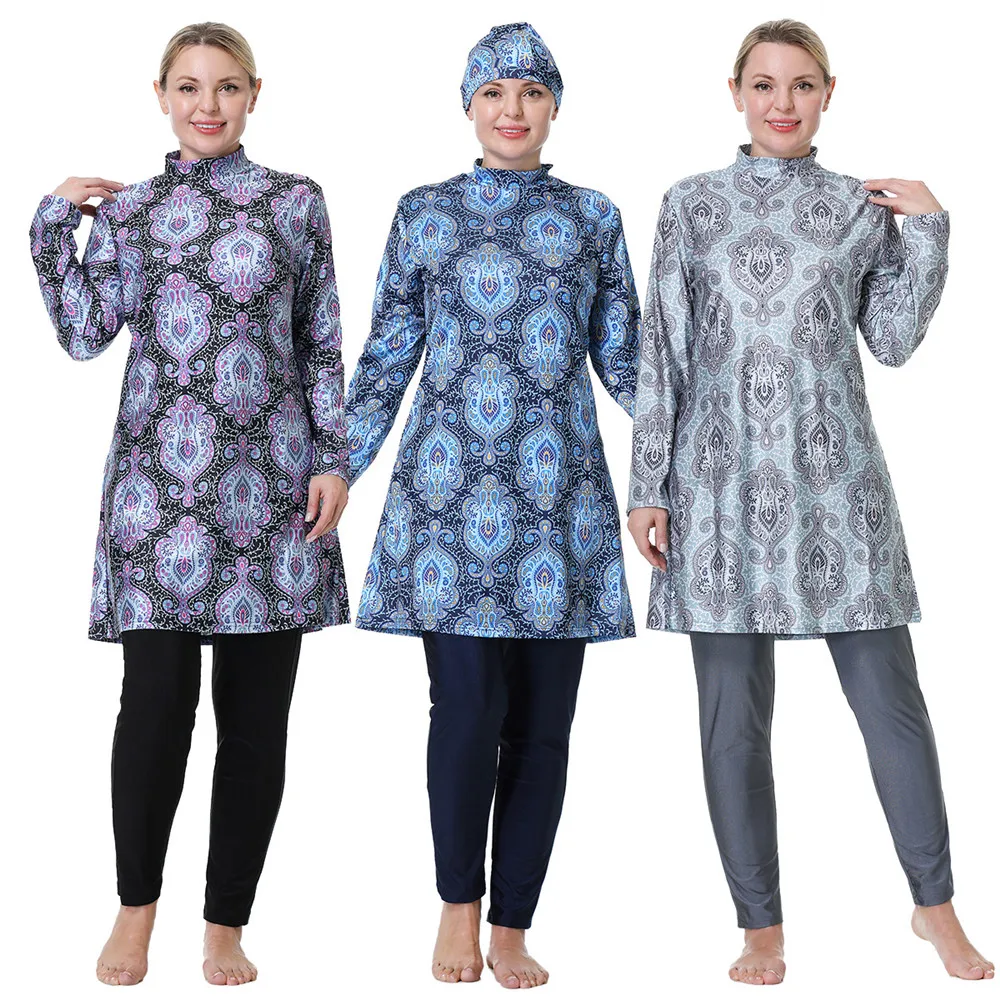 

3pcs Women Swimming Suit Patchwork Muslim Full Cover Tankinis Sport Swimwear Islamic Burkinis Wear Conservative Maillot De Bain