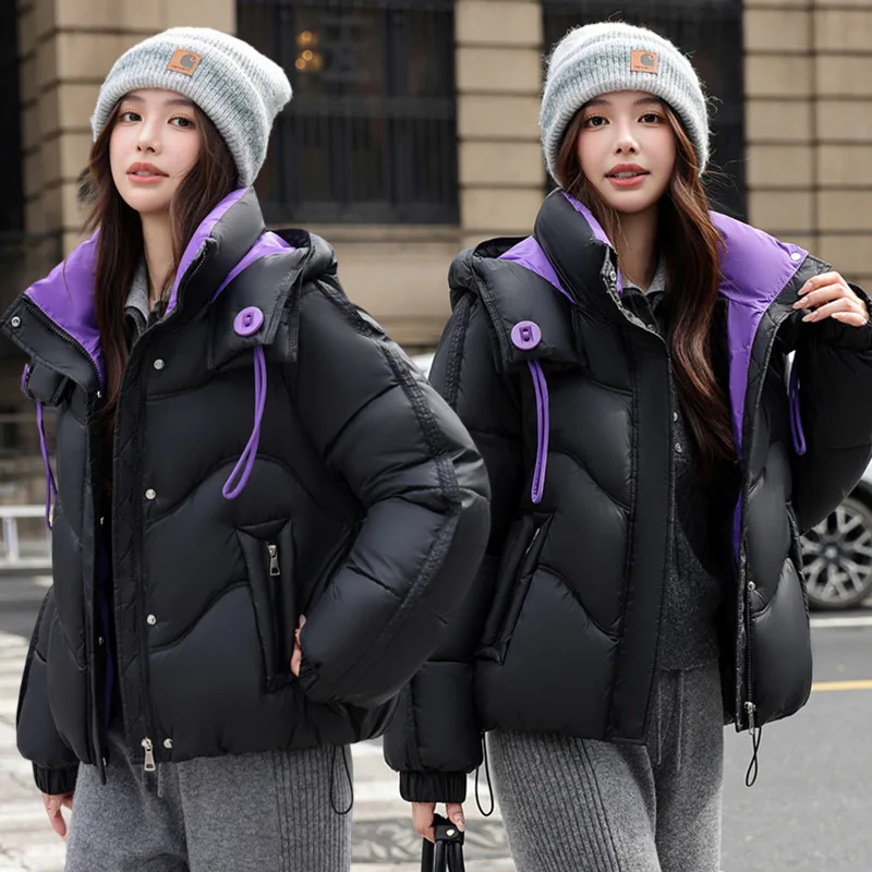 

PinkyIsBlack 2025 New Contrast Color Hooded Winter Jacket Women's Drawstring Thickened Bread Jacket Short Cotton Padded Outwear