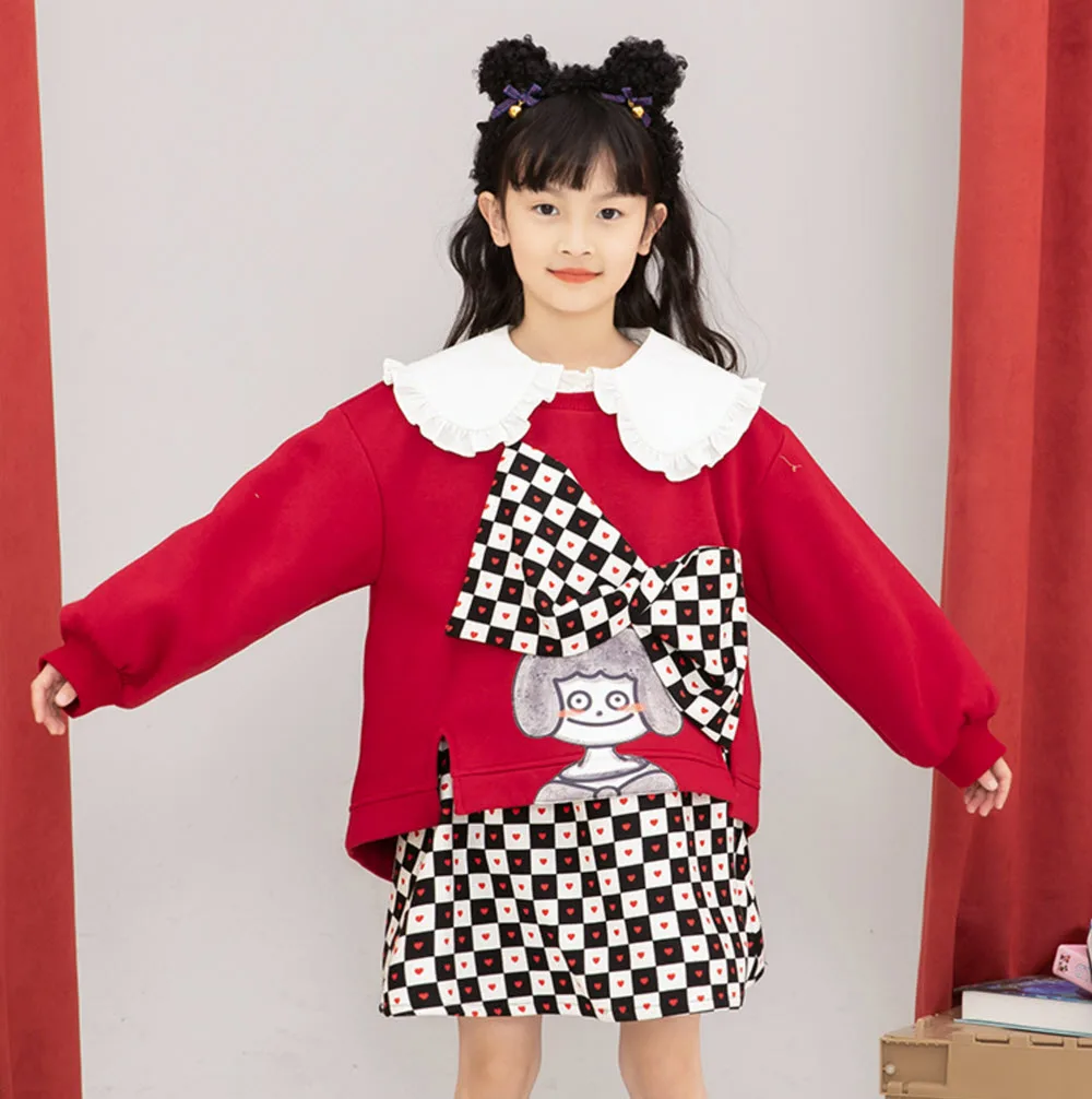 

Autumn Matching Wear Pullover Mother Daughter Checkerboards Bowtie Junior Girls Sweatshirts Velvet Family Clothes Tops Outfits