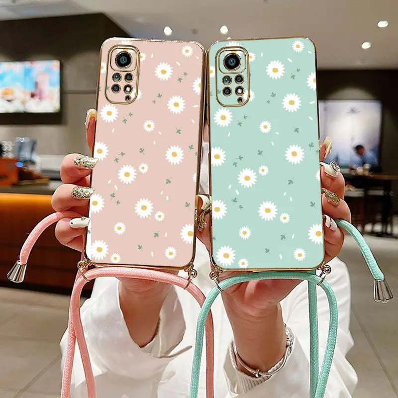 Daisies Crossbody Lanyard Silicone Phone Case For Xiaomi Redmi Note 11 Pro 10 Pro 10 12 11S 9 10A 10C 9C 9A 9T Cover