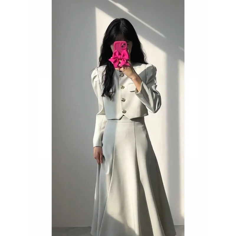 Insozkdg Skirt Suit Solid Hepburn Style Loose Casual Chic Blazers  Tops A-line Pleated Long Skirts Korean Style Two Piece Sets