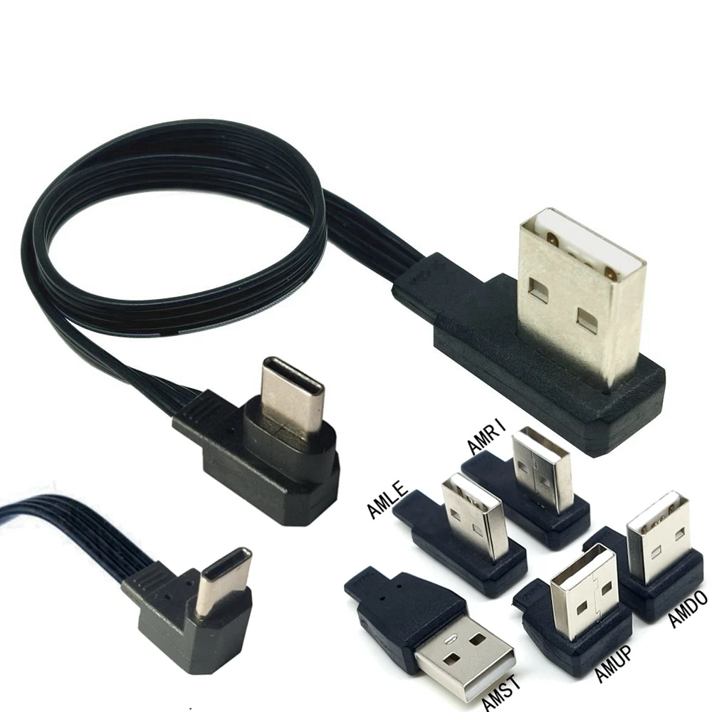 0.1m-1mUSB-C Type C Male Left Right UP Down Angled 90° to USB 2.0 Male Data Cable USB Type-c Flat Cable