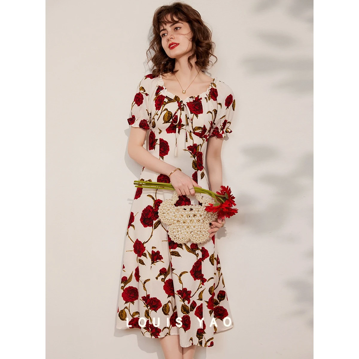 

Arc V-neck Printed Dress Edible Tree Fungus Elegant Long Skirts Slim Short Sleeve Women's Dresses Female Clothing Summer 2025