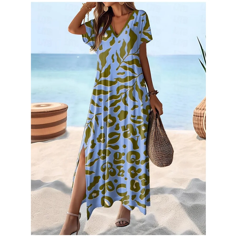 Fashion Women Dresses 3d Flower Print Woman A-Line Skirt Women Clothing Elegant Women Dresses Summer Casual V-Neck Slit Dress