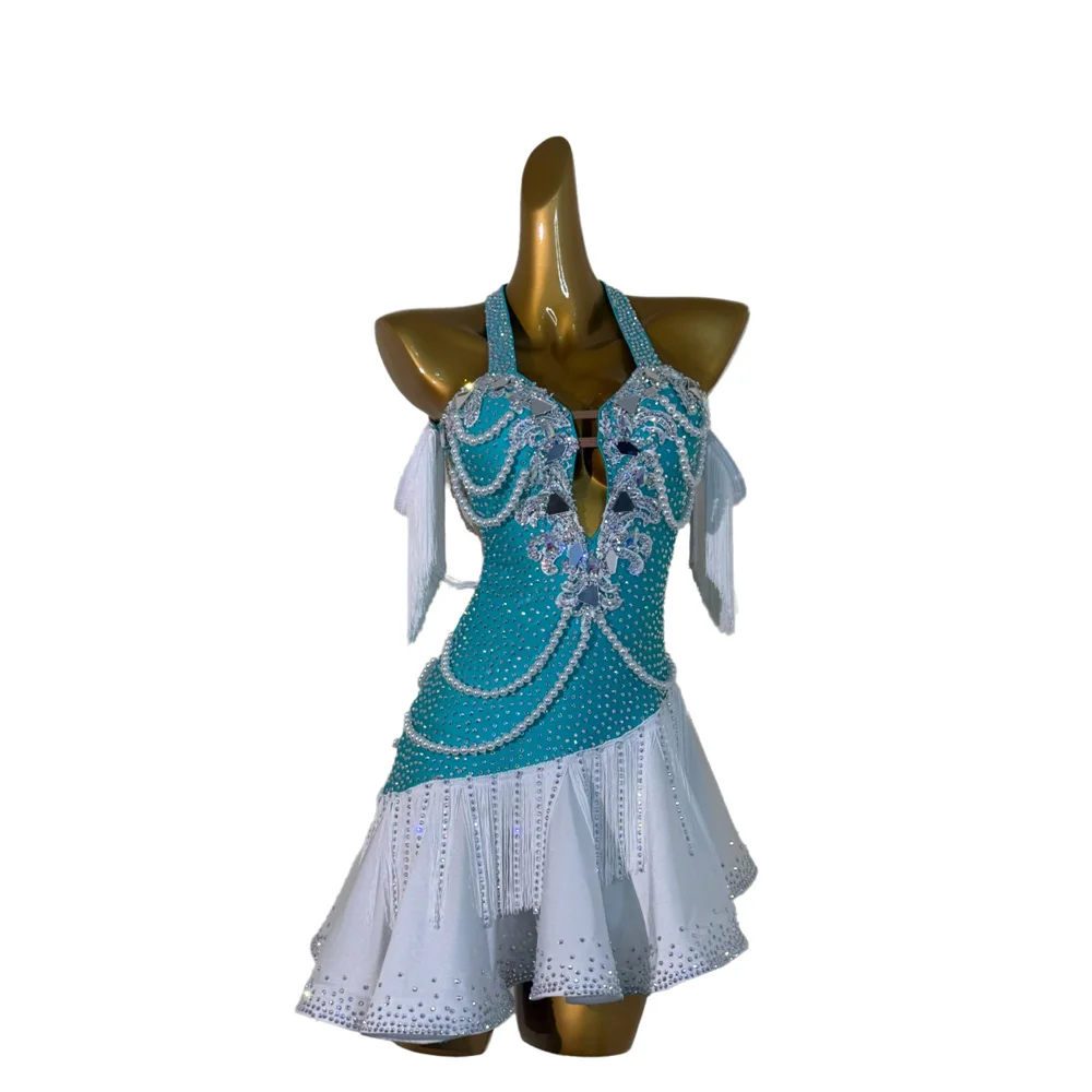 زي الرقص اللاتيني AB Stone أنثى الكبار الأطفال الراقية مخصصة سلسلة اللؤلؤ فستان أسود بركة السامبا