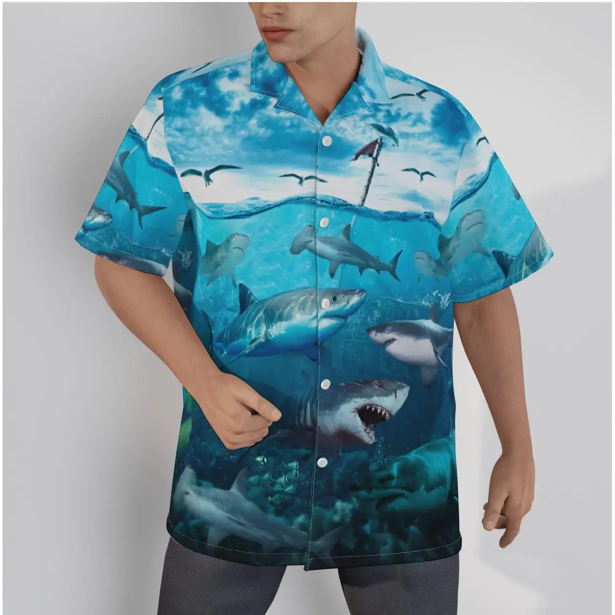 

Men's Hawaiian Shirt Cool Sharks Print Sea Beach Short Sleeve Summer Casual Button Up Patchwork Tops 3D Shirts