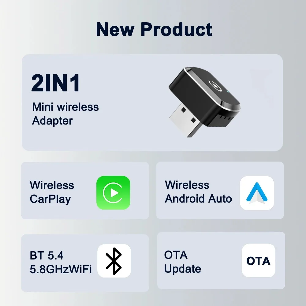 2in1 Wireless CarPlay Android Auto Adapter Mini Wired to Wireless Converter Fast Stable Connection Plug & Play Auto Reconnect Ca