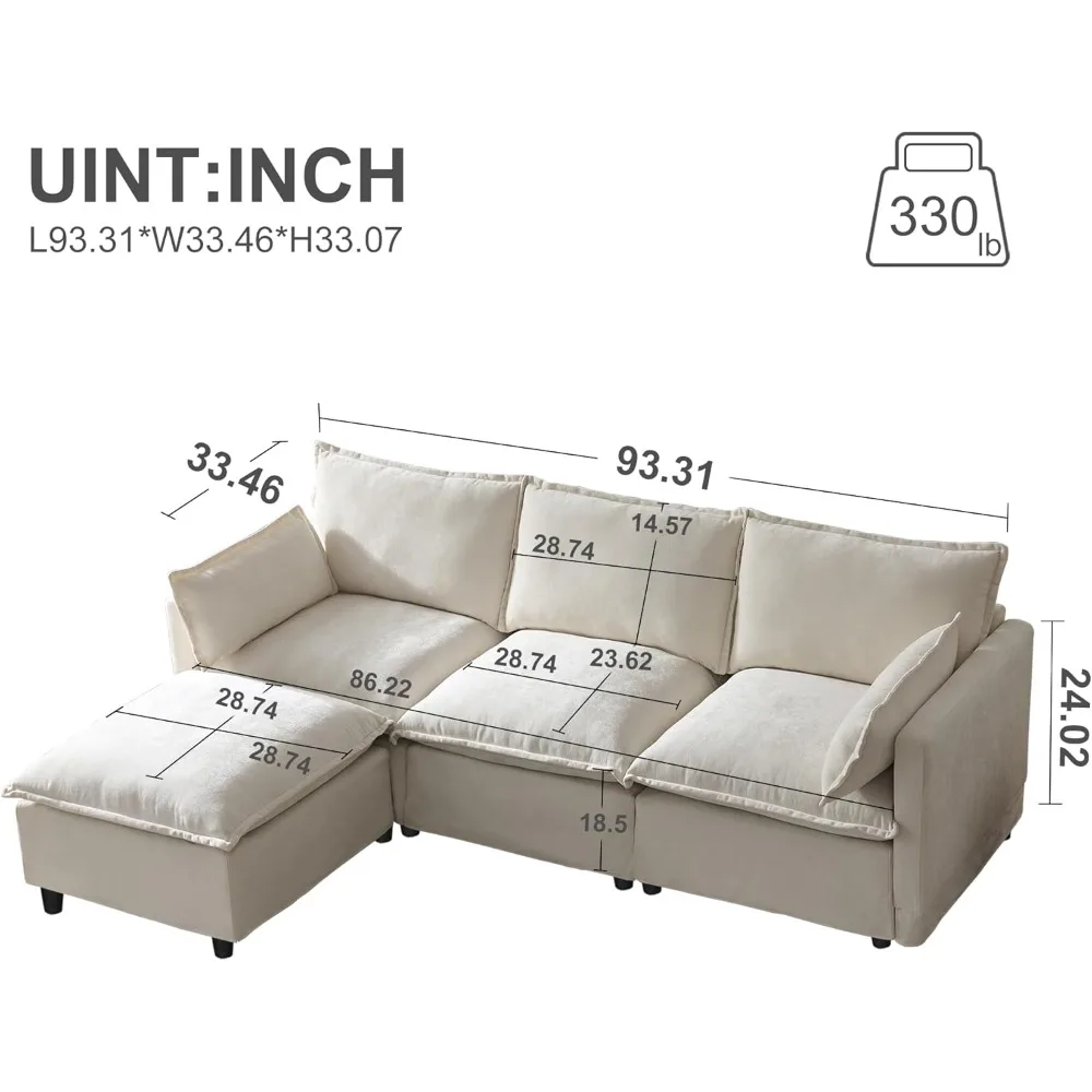 أريكة مقطعية سحابية مقاس 93 بوصة مع مسند قابل للإزالة قابل للتحويل، أريكة كبيرة الحجم على شكل حرف L مع وسائد رمي #2